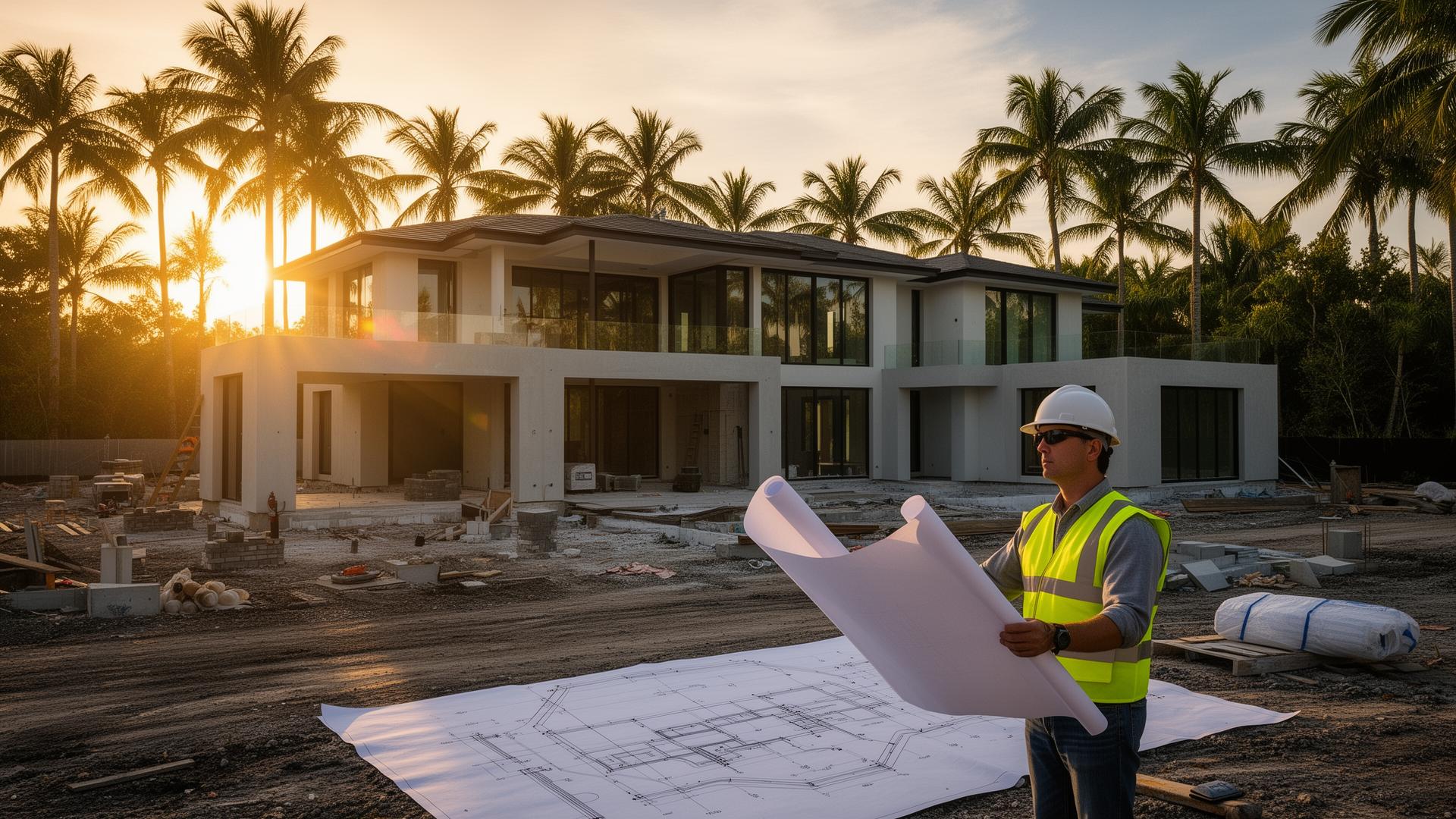 Luxury home construction site in South Florida at golden hour